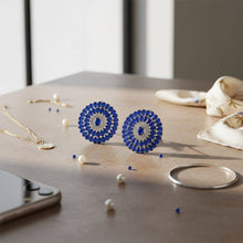 Load image into Gallery viewer, PinktownUSA - Clip On Blue Glass Teardrop Radiant Round Earrings: Color: Blue / Plating: Rhodium / Size: 1.5 inches
