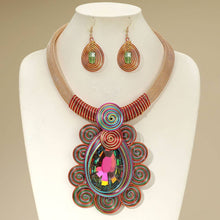 Load image into Gallery viewer, Sensibling Corp. - Bold Teardrop Stone Centered Metal Swirl Embellished Statement Necklace: Aqua

