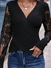 Load image into Gallery viewer, Sheer Trend - Long Sleeves Skinny Embroidered See-Through Split-Joint V-Neck T-Shirts: BLACK / M
