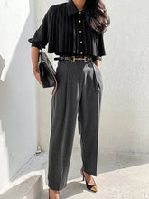 Load image into Gallery viewer, FurDecoration - Long Sleeves Loose Pleated Split-Joint Lapel Blouses&amp;Shirts Tops: BLACK / M
