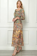 Load image into Gallery viewer, Winslow Collection - MISSY PRINTED PEASANT DRESS WITH LINING, SIDE SLIT SIB53D34: S / SAGE/TAUPE
