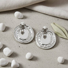Load image into Gallery viewer, PinktownUSA - Clip On Organic Silver Oval White Pearl Earrings: Color: White / Plating: Rhodium / Size: 2.2 x 1.75 inches
