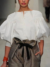 Load image into Gallery viewer, FurDecoration - Buttoned Puff Sleeve Solid Color Blouse: BLACK / M
