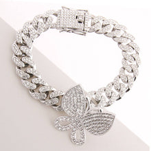 Load image into Gallery viewer, PinktownUSA - Iced Silver Butterfly Cuban Bracelet: Clear / Rhodium / 8 inches
