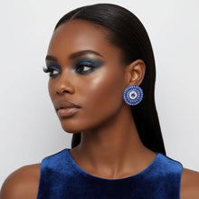 Load image into Gallery viewer, PinktownUSA - Clip On Blue Glass Teardrop Radiant Round Earrings: Color: Blue / Plating: Rhodium / Size: 1.5 inches
