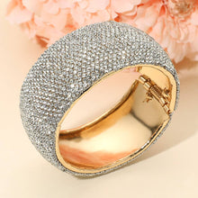 Load image into Gallery viewer, Sensibling Corp. - Wide Rhinestone Pearl Paved Hinged Evening Bangle Bracelet: Rhodium,White

