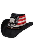 Load image into Gallery viewer, Cap Zone - Rebel Biker Skull Rustic American Flag Straw Cowboy Hat: Black
