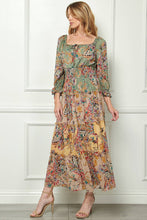Load image into Gallery viewer, Winslow Collection - MISSY PRINTED PEASANT DRESS WITH LINING, SIDE SLIT SIB53D34: M / SAGE/TAUPE
