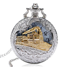 Load image into Gallery viewer, WoodWristCo - Vintage Hollow Locomotive Design Pocket Watch: Silver gold
