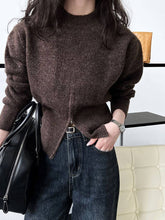 Load image into Gallery viewer, VividLux - Crew Neck Pullover Zipper Design Short Sweater: Brown / One size

