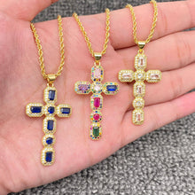 Load image into Gallery viewer, Mio Queena - Sparkling CZ/Rhinestone Cross Charm 18K Gold Plated Necklace: Blue
