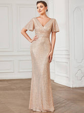 Load image into Gallery viewer, Ever-Pretty - Shiny V Neck Short Ruffles Sleeves Evening Dresses: Rose Gold / 4
