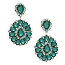 Load image into Gallery viewer, PinktownUSA - Clip On Brilliant Green Teardrop Crystal Earrings: Color: Green / Plating: Gold / Size: 3.45 x 2 inches
