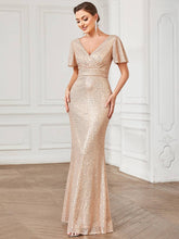 Load image into Gallery viewer, Ever-Pretty - Shiny V Neck Short Ruffles Sleeves Evening Dresses: Rose Gold / 4
