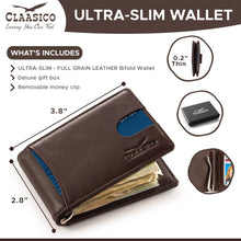 Load image into Gallery viewer, Claasico - Small bifold leather money clip wallet with pull strap: Black
