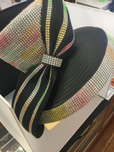 Load image into Gallery viewer, Satin Ribbon Multi Colored Rhinestone Church Hat
