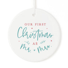 Load image into Gallery viewer, Modern Our First Christmas as Mr. and Mrs. Ornament with Ribbon and Complimentary Gift Box
